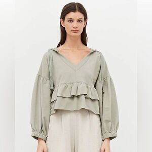 NWT Grade and Gather V Neck Hoodie Cropped Sweatshirt Light Green Size S